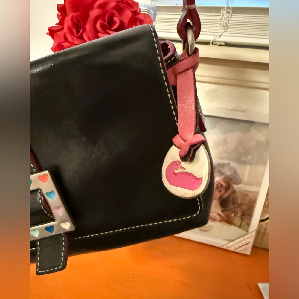 Dooney &  Bourke Black Leather Shoulder Bag with Pink Strap and Heart Accent - Picture 5 of 14